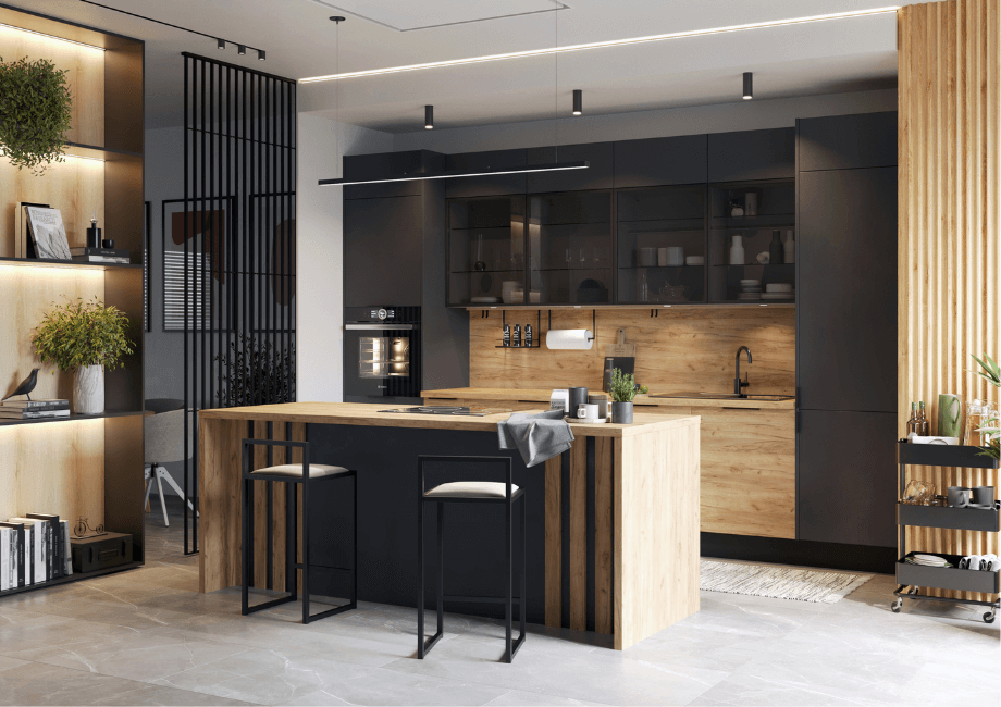 Galerija-Virtuves mēbeles MONO, M4 peral black, K2 Zelta ozols, Alu frame fasādes