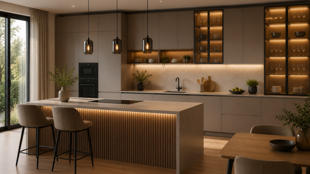 Virtuves vitrīnas ar tonētu stiklu, Alu-Frame rāmjiem un LED apgaismojumu piešķir mūsdienīgai virtuvei eleganci, vieglumu un individualitāti.