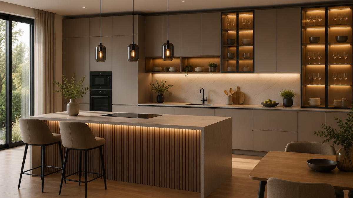 Virtuves vitrīnas ar tonētu stiklu, Alu-Frame rāmjiem un LED apgaismojumu piešķir mūsdienīgai virtuvei eleganci, vieglumu un individualitāti.